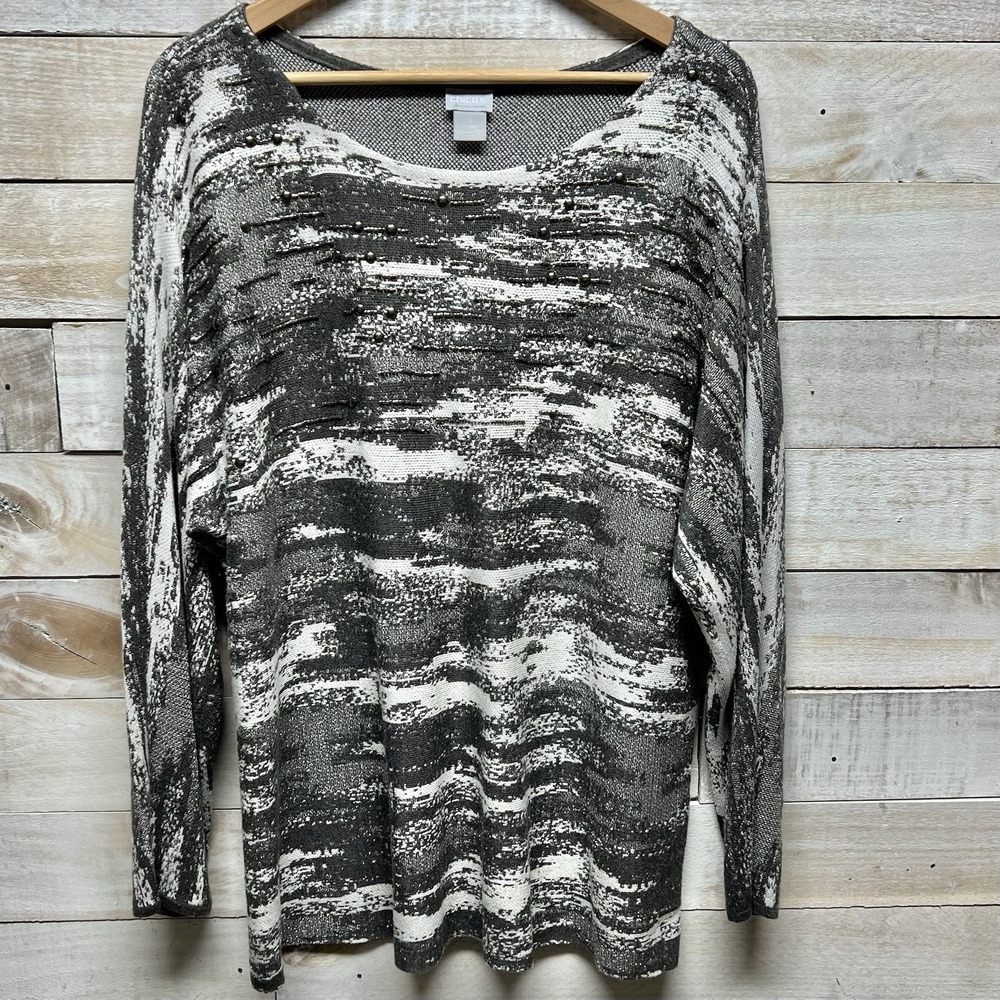 Chicos Sweater Womens 3 US XL Gray Marbled Long Sleeve Pullover
